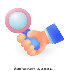 Hand of man holding handle of magnifying glass 3D icon. Person looking through magnifier for analysis, detecting problems 3D vector illustration on white background. Search, investigation concept