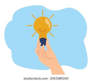 hand of man holding illuminated light bulb for idea illustration or innovation and thinking concept
