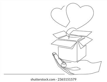 hand of man holding a present box with hearts on a white background. one line continuous drawing. 