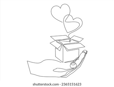 hand of man holding a present box with hearts on a white background. one line continuous drawing. 
