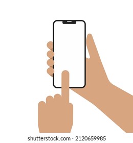 Hand of man holding smartphone and pointing finger on the blank screen. App mock up vector illustration.