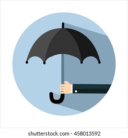 Hand of man holding an umbrella. Flat style with long shadows. Vector illustration