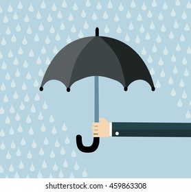 Hand of man holding an umbrella  under rain. Flat design vector illustration