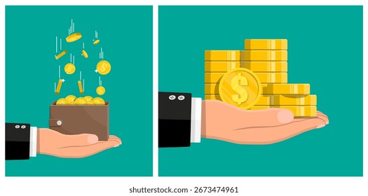 Mano de un hombre que sostiene la cartera con monedas de oro que caen y la mano que sostiene la pila de dinero en efectivo. Crecimiento financiero y concepto de éxito para los negocios.