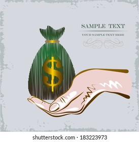 Hand of man holds a bag with money.