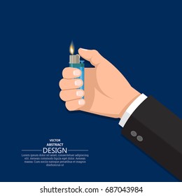 The hand of the man holds the burning lighter.Flat design. Vector illustration.