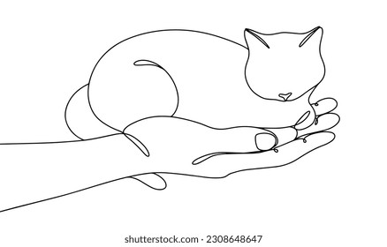 The hand of a man holds a cat. Cat in the palm of a man. World Day Against Pet Abandonment. One line drawing for different uses. Vector illustration.
