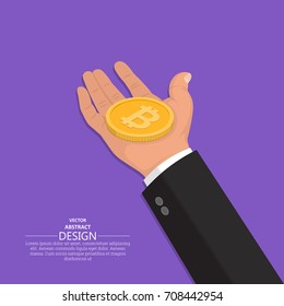 The hand of the man holds a cryptocurrency Bitcoin symbol. Gold coin in the businessman's hands. Electronic payment method. Business concept. Isometry. A vector illustration in flat style.3D