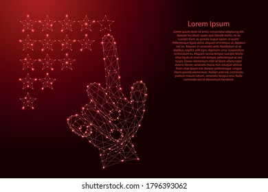 Hand man with index finger putting down rating stars from futuristic polygonal red lines and glowing stars for banner, poster, greeting card. Vector illustration.