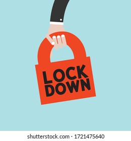 The Hand of a Man with a Key That has the Word Lockdown. Locking Down to Prevent Corona Virus Or Covid-19 Not to Spread Widely Vector Illustration