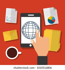 hand man with mobile globe connection business office icons