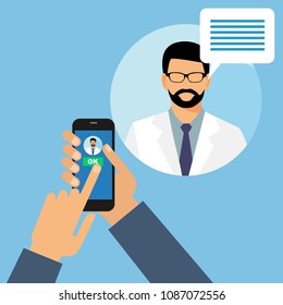 hand of a man with a mobile phone. online doctor's consultation concept. man doctor with stethoscope on the screen, concept of online diagnostics, vector illustration in flat style. smartphone medical