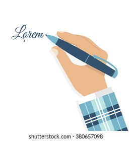 Hand of man with a pen close-up in flat style, vector. Isolated on white background. Hand writes a pen. 