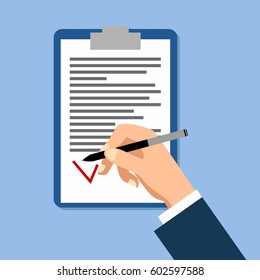 Hand of man with a pen close-up in flat style, vector.