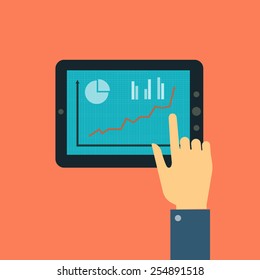 The hand of the man, pointing to the tablet with the schedule of financial market