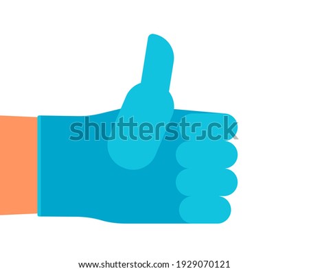 Hand man in protective glove with thumb up, gesture medical like. Clean, higiene hand. Vector flat illustration 