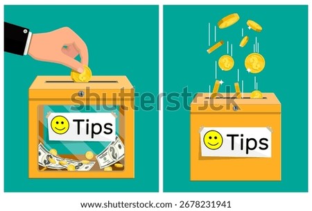 Hand of man putting coin in tip box next to another tip box with money falling in. Concept of collecting tips for service.