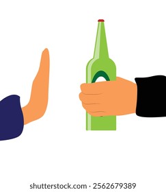 Hand of Man Refusing to Drink Beer. Alcohol problems and staying sober at a party concept vector art