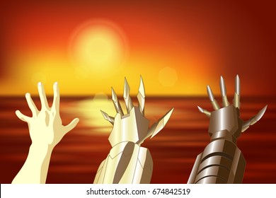 The Hand Of A Man, A Robot, An Iron Hand. Anime Background For Manga. Vector Illustration