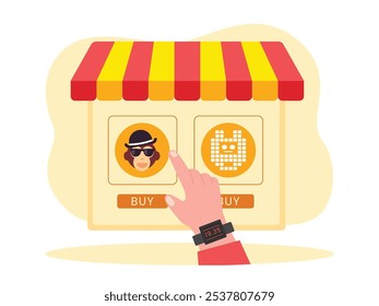 Hombre de la mano que selecciona para comprar la Imagen de NFT, activos digitales. Diseño de personajes. Ilustración plana de Vector