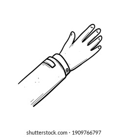 Mano del hombre. La manga de su chaqueta. dedos dibujados a mano y palma. Dibujar ilustración del doodle
