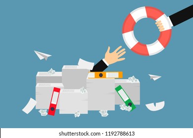 The hand of a man sticking out of a pile of papers another hand is stretching a lifebuoy wanting to help Helping Business to survive Drowning businessman getting  lifeline from another business person