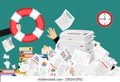 The hand of a man sticks out of a pile of papers. Another person is stretching a lifeline and wants to help. Helping Business to survive. Drowning businessman getting lifebuoy from another businessman