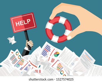 The hand of a man sticks out of a pile of papers. Another person is stretching a lifeline and wants to help. Helping Business to survive. Drowning businessman getting lifebuoy from another businessman