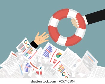 The hand of a man sticks out of a pile of papers. Another person is stretching a lifeline and wants to help. Helping Business to survive. Drowning businessman getting lifebuoy from another businessman