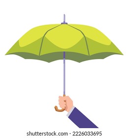 Hand of man in suit holds umbrella, flat vector illustration isolated on white background. Businessman holding umbrella for protection and safety. Concept of rainy weather.