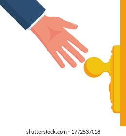 The Hand Of A Man In A Suit Opens The Door. Doorknob Isolated On A White Background. Landing Page To Come In Or Exit. Vector Illustration Flat Design. 