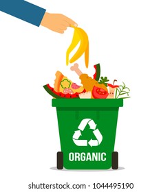 the hand of man throwing garbage into organic container. concept of garbage processing. Vector illustration in a flat style on a white background