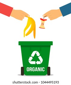 the hand of man throwing garbage into organic container. concept of garbage processing. Vector illustration in a flat style on a white background