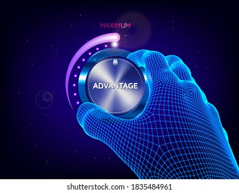 Hand of man tuning power control knob. Artificial intelligence. Maximum power, advantage, skill concept. Sci-fi futuristic style vector illustration.