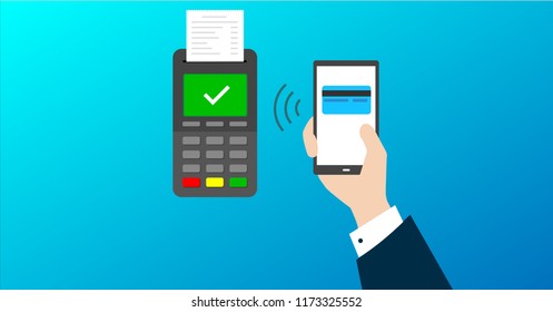 Hand of man Using Payment Terminal in an Shop, Paying With Credit Card. New POS terminal and hight technology smartphone with nfc Near-field communication payment completed, approved checkmark.