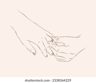 Mano del hombre usando anillo de boda en el dedo de la mujer dibujando sobre fondo beige