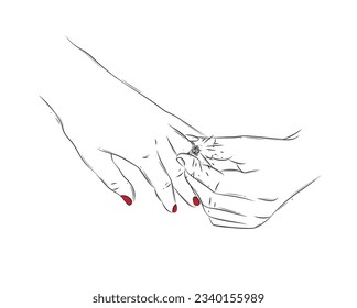 Hand of man wearing wedding ring on woman finger drawing on white background with red