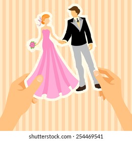 Hand of man and hand of woman hold the figures which are cut out from paper. Wedding cartoon card with bride and groom. Vector color.