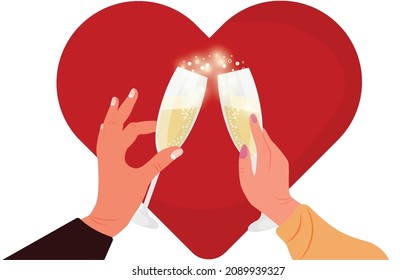 The hand of a man and a woman are holding a glass of champagne against the background of a heart.