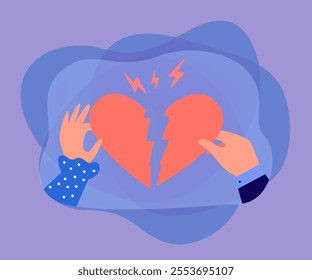 Hand of man and woman holding half of broken heart together. Divorce, breakup and end of couples love flat vector illustration. Relationship concept for banner, website design or landing web page