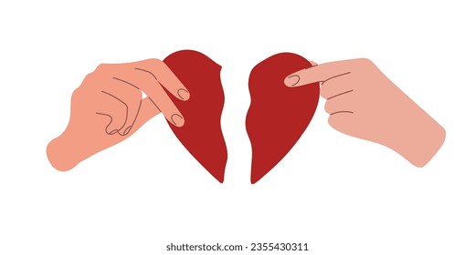 Hand man   woman holding halves red broken heart  Connection parts heart  forgiveness  reconciliation  love concept  Romantic illustration