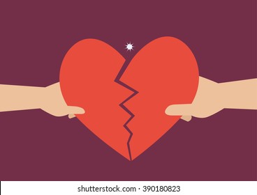 Hand of a man and woman tearing apart heart symbol. Flat style design