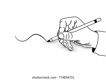 Hand of man writing on white background. Vector design.