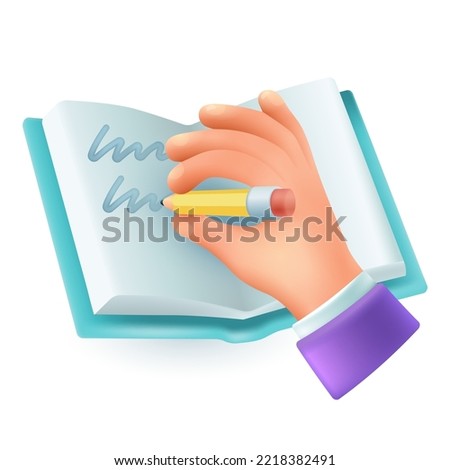 Hand of man writing in paper notebook with green cover 3D icon. Notes on page of notepad by person holding yellow pencil 3D vector illustration on white background. Handwriting, diary concept
