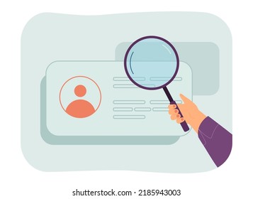 Hand of manager examining ID card of worker under magnifier. Employer or boss checking resume of candidate flat vector illustration. Employment, identity, hiring concept for banner or landing page