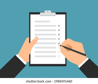 Hand of a manager holding a sheet of paper with a to-do list. Pencil marks completed tasks - vector