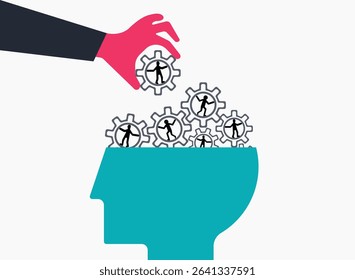 Hand managing gears in head, business workforce management illustration
