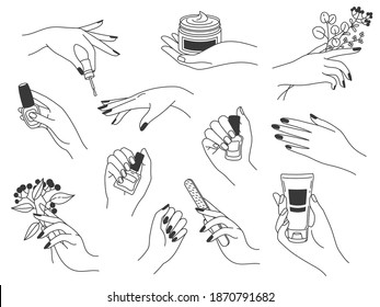 Manicura manual y cuidado. Logotipos femeninos para cosméticos de uñas y salón de belleza. Pintar las manos, clavos de archivo, sujetando el esmalte y la crema, conjunto de vectores. Manicura con esmalte de uñas, loción