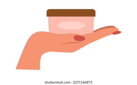 Hand with manicure holding cream flat icon. Vector illustration