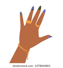 hand with manicure. nails colorful manicure, spa beauty salon cosmetic fingernail stylish jewelry. vector cartoon flat graphics.